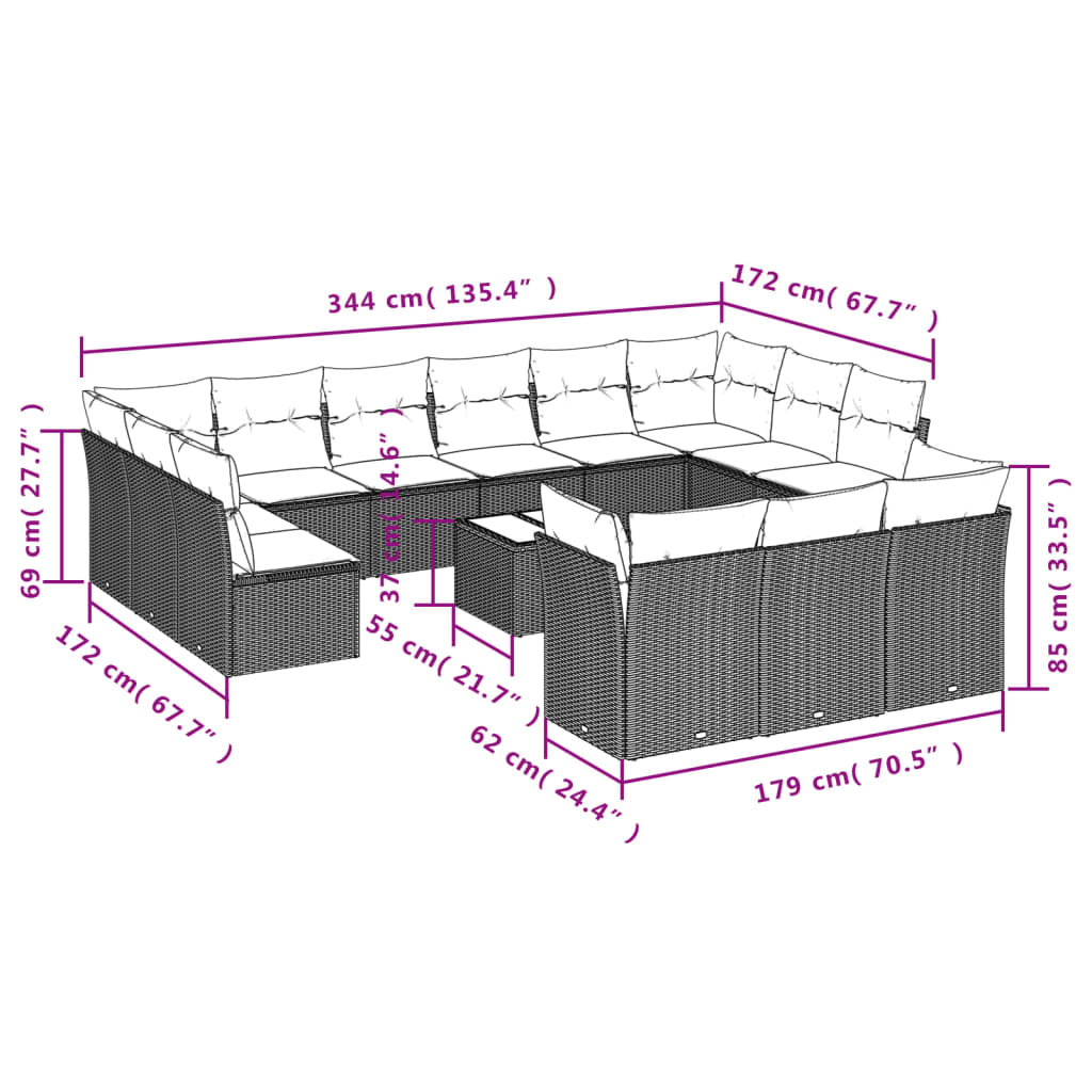 vidaXL 14-tlg. Garten-Sofagarnitur mit Kissen Schwarz Poly Rattan