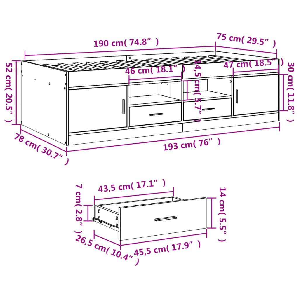 vidaXL Tagesbett mit Schubladen ohne Matratze Grau Sonoma 75x190 cm