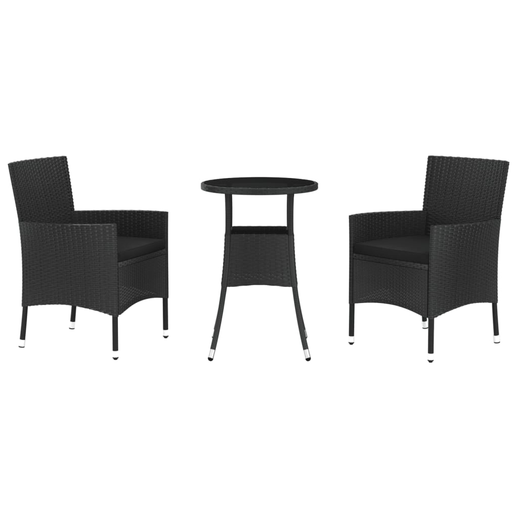 vidaXL 3-tlg. Garten-Bistro-Set mit Kissen Schwarz Poly Rattan