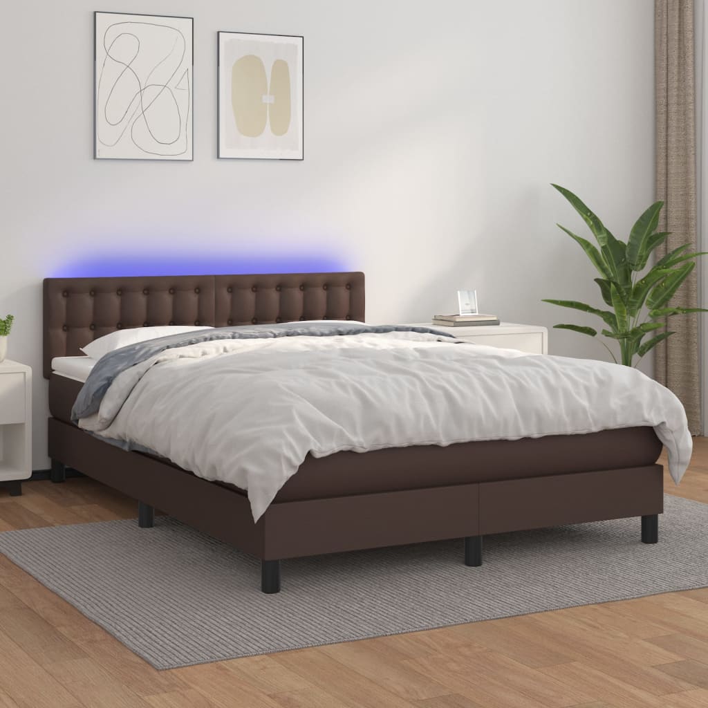 vidaXL Boxspringbett mit Matratze & LED Braun 140x200 cm Kunstleder