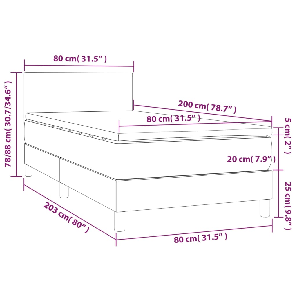 vidaXL Boxspringbett mit Matratze Dunkelgrau 80x200 cm Stoff