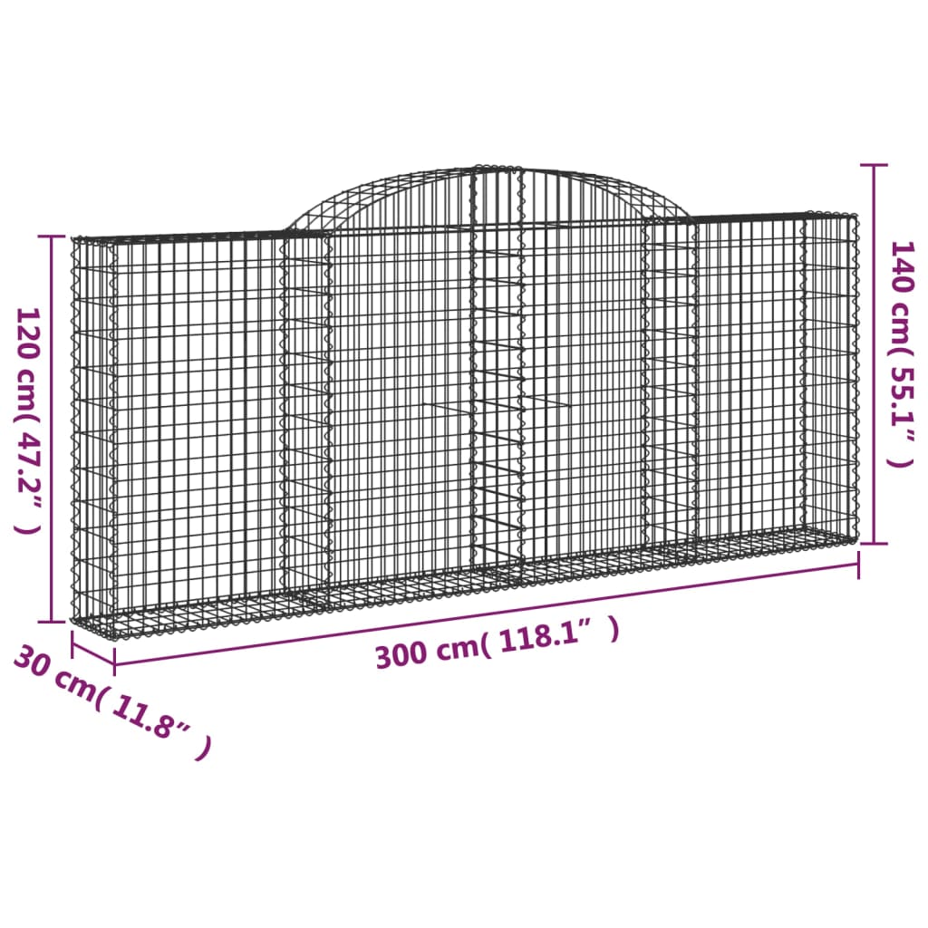 vidaXL Gabionen mit Hochbogen 25 Stk 300x30x120/140cm Verzinktes Eisen