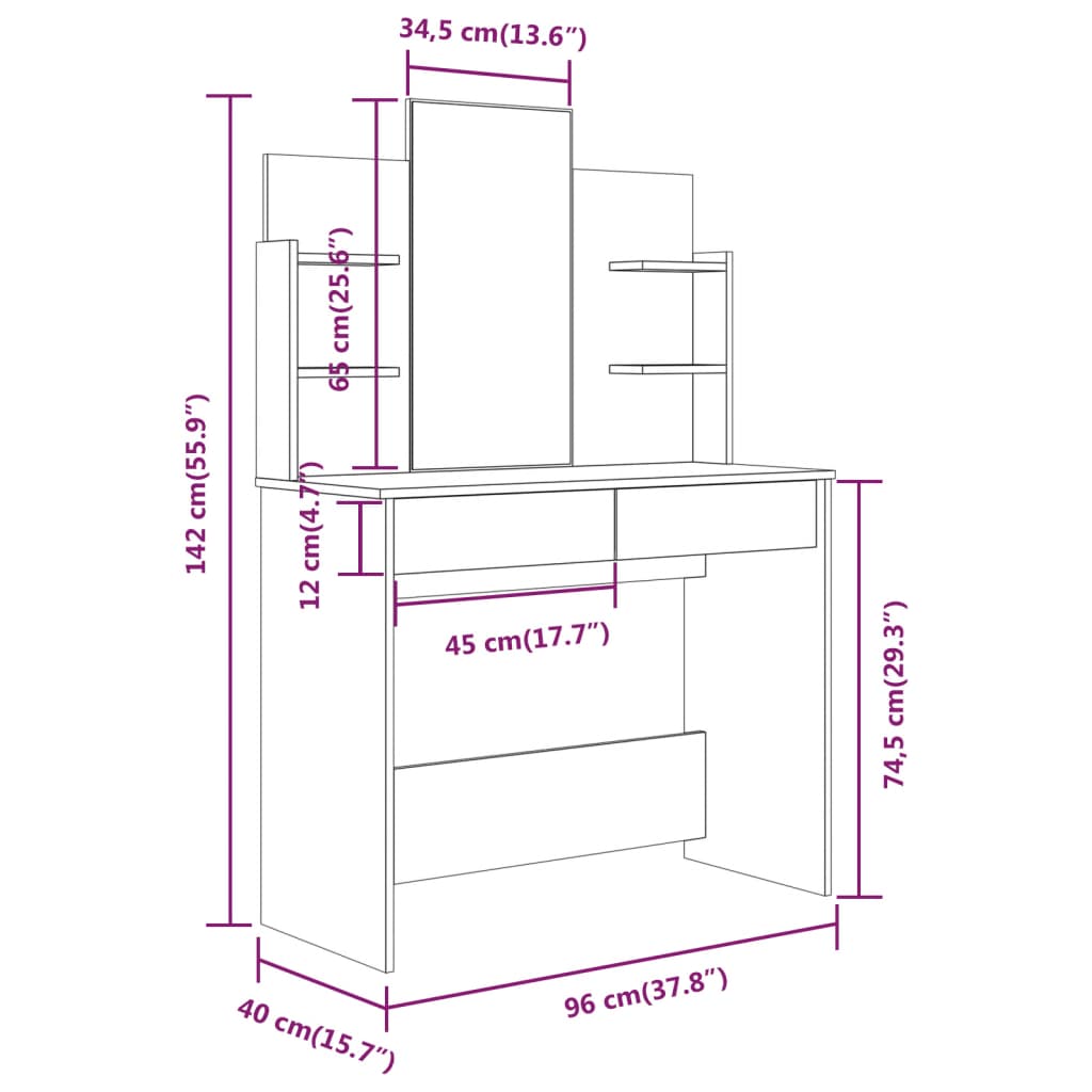 vidaXL Schminktisch mit Spiegel Sonoma-Eiche 96x40x142 cm