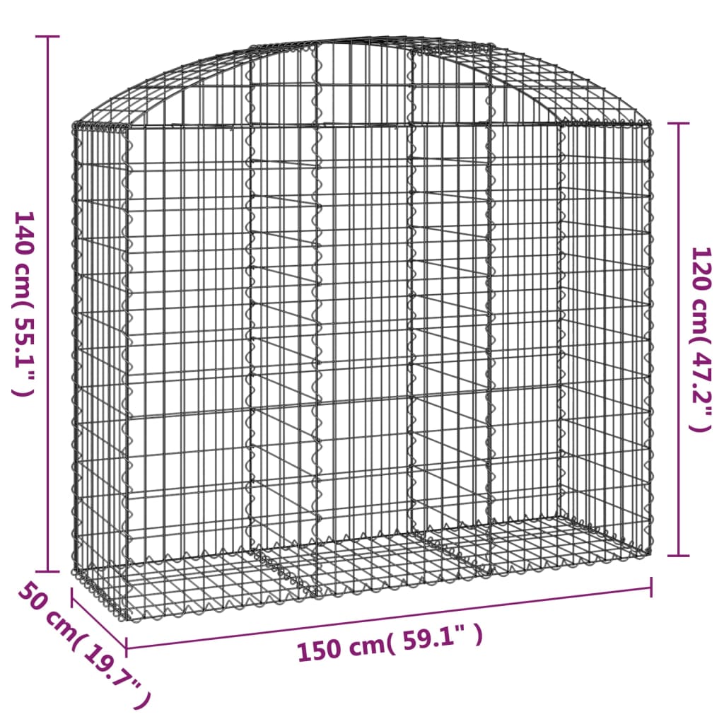 vidaXL Gabione mit Hochbogen 150x50x120/140 cm Verzinktes Eisen