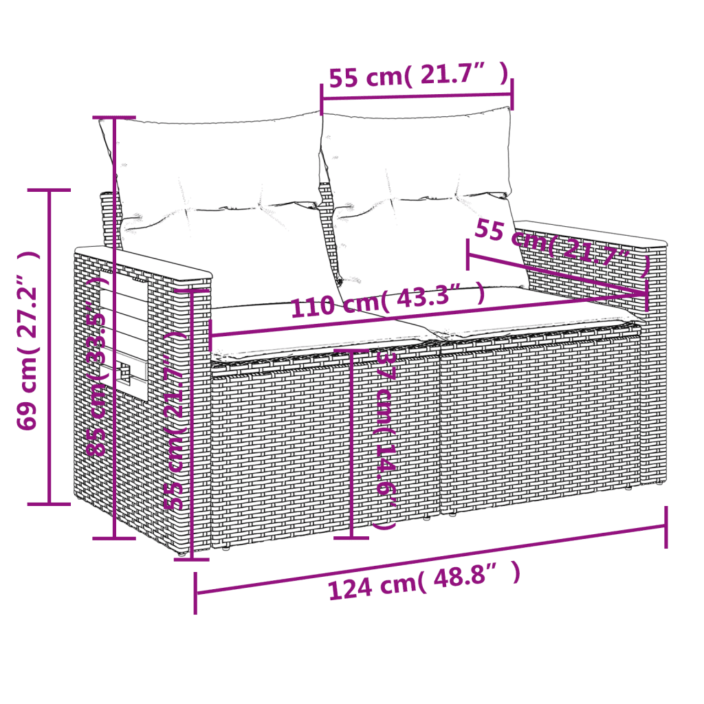 vidaXL 8-tlg. Garten-Sofagarnitur mit Kissen Schwarz Poly Rattan