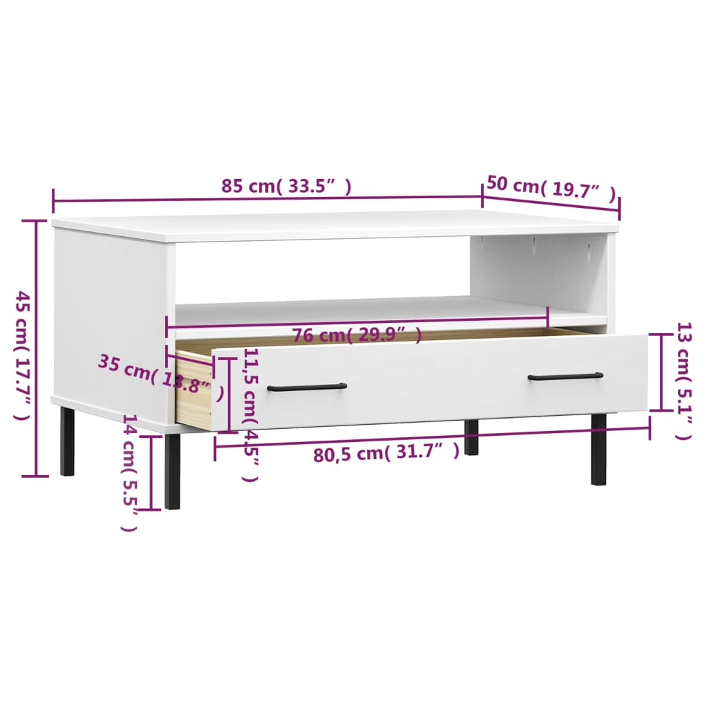 vidaXL Couchtisch OSLO mit Metallbeinen Weiß 85x50x45 cm Massivholz