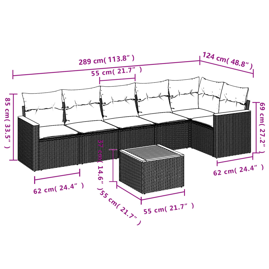 vidaXL 7-tlg. Garten-Sofagarnitur mit Kissen Schwarz Poly Rattan