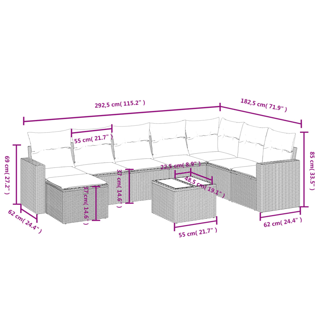 vidaXL 9-tlg. Garten-Sofagarnitur mit Kissen Schwarz Poly Rattan