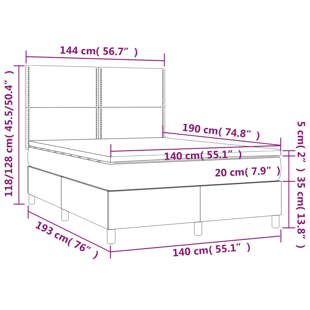 vidaXL Boxspringbett mit Matratze & LED Dunkelblau 140x190 cm Samt