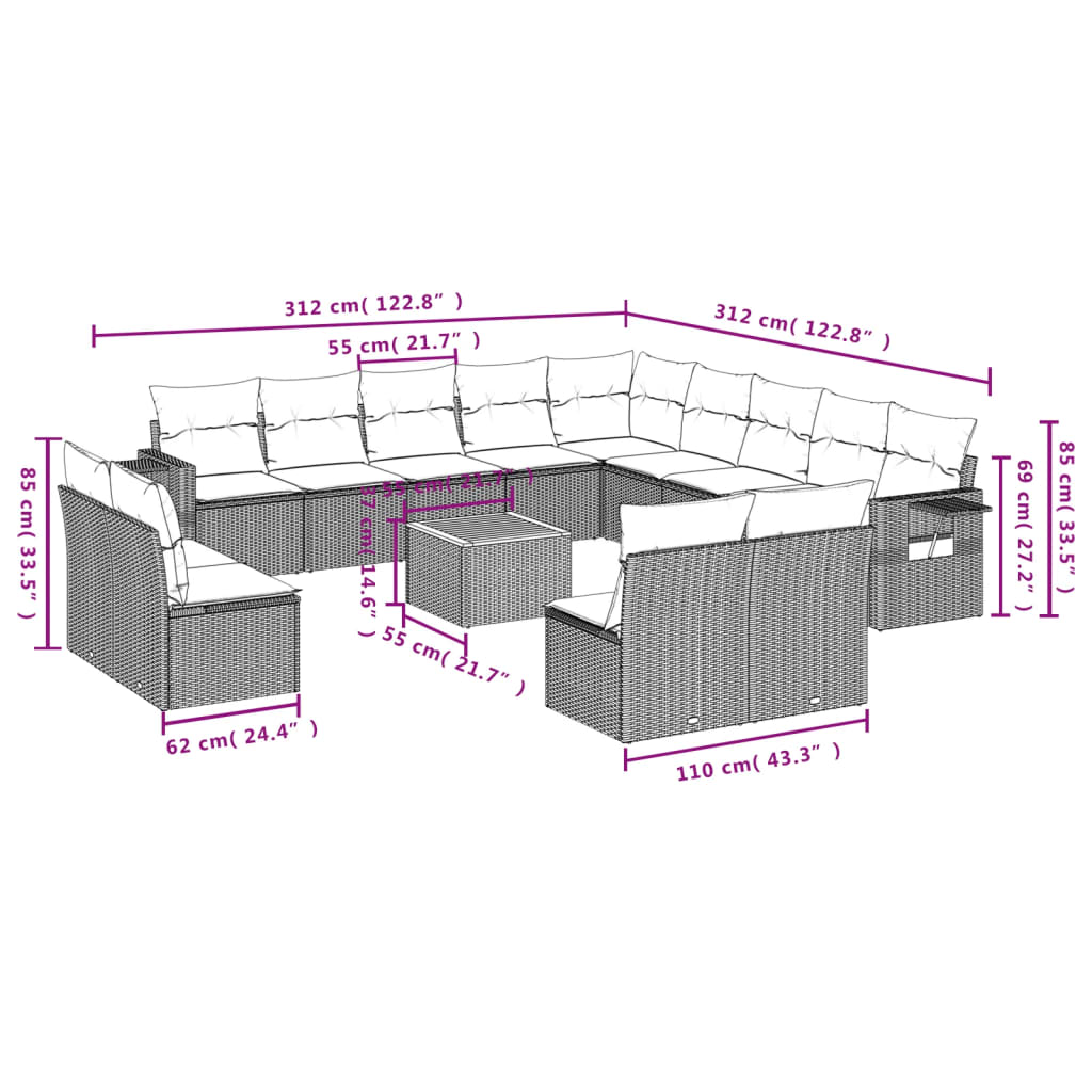 vidaXL 14-tlg. Garten-Sofagarnitur mit Kissen Beige Poly Rattan