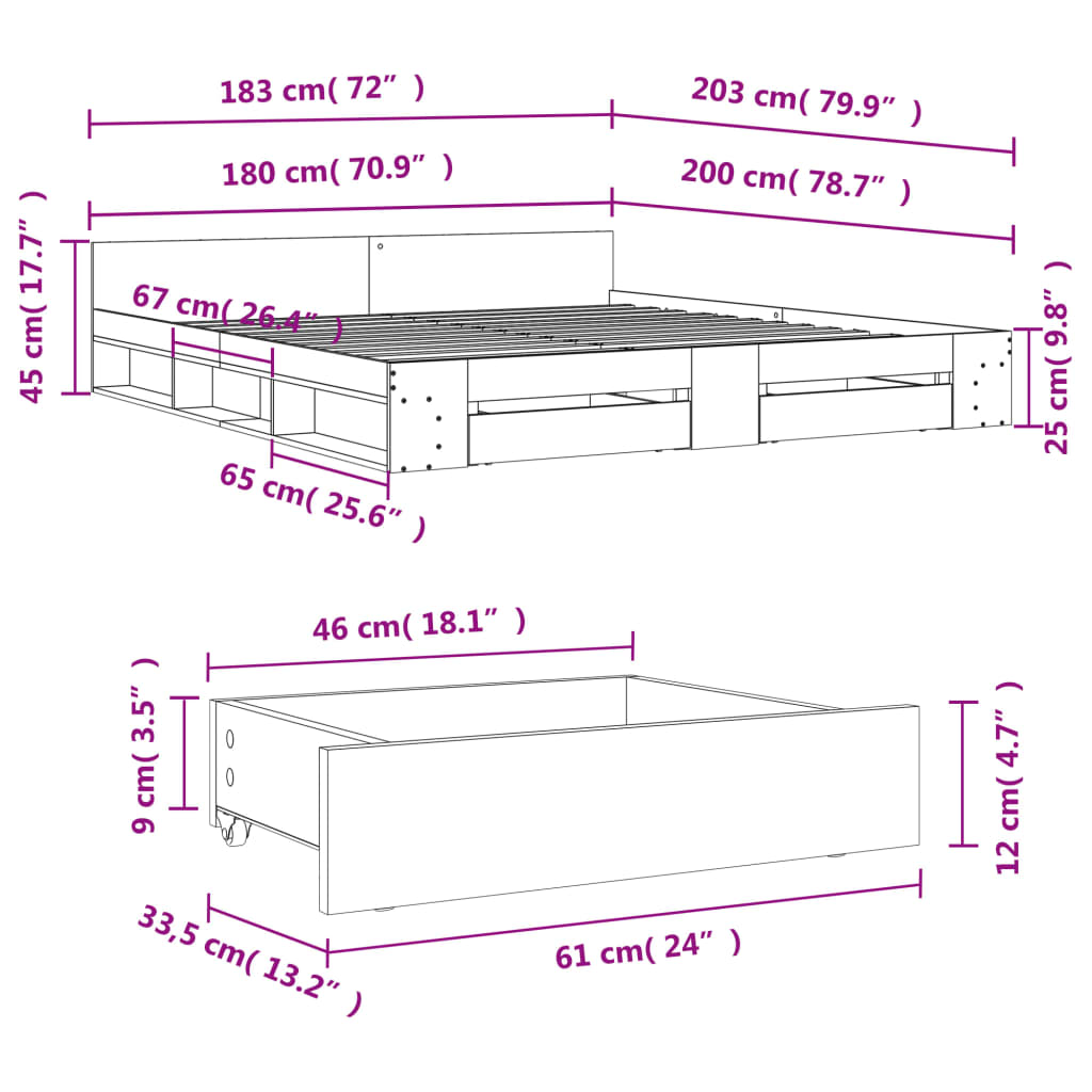 vidaXL Bettgestell mit Schubladen Grau Sonoma 180x200cm Holzwerkstoff