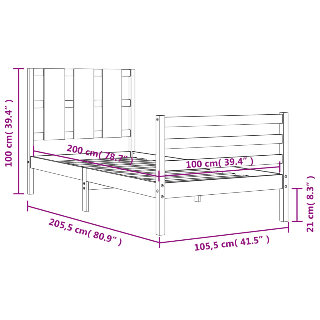 vidaXL Massivholzbett mit Kopfteil 100x200 cm