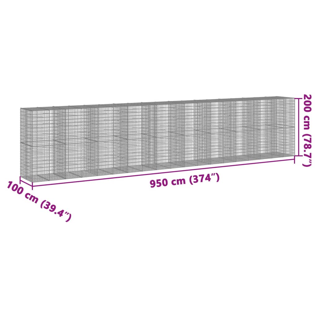 vidaXL Gabione mit Deckel 950x100x200 cm Verzinktes Eisen