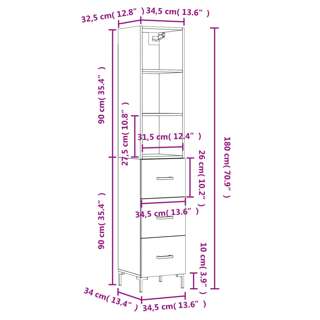 vidaXL Highboard Sonoma-Eiche 34,5x34x180 cm Holzwerkstoff