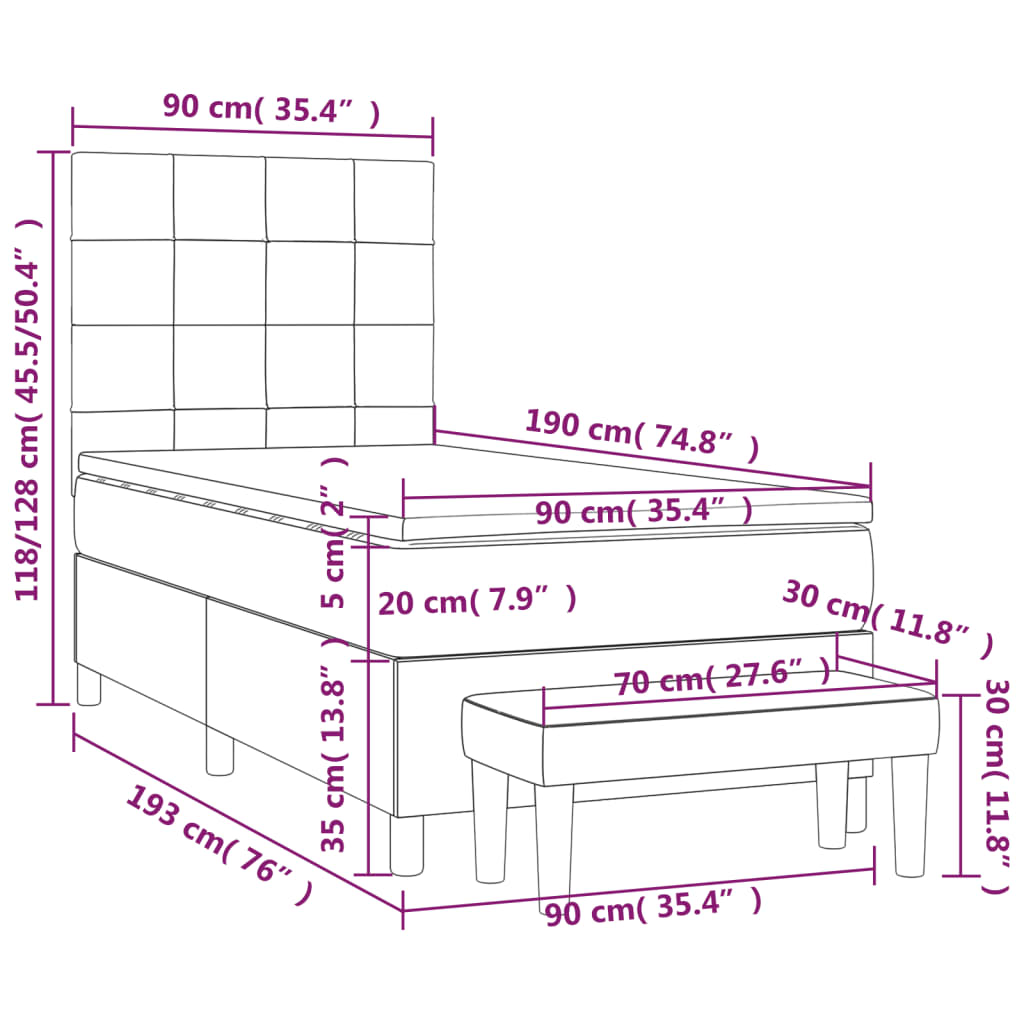 vidaXL Boxspringbett mit Matratze Dunkelgrau 90x190 cm Samt