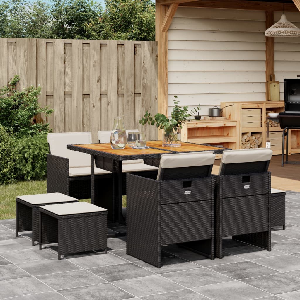 vidaXL 9-tlg. Garten-Essgruppe mit Kissen Schwarz Poly Rattan