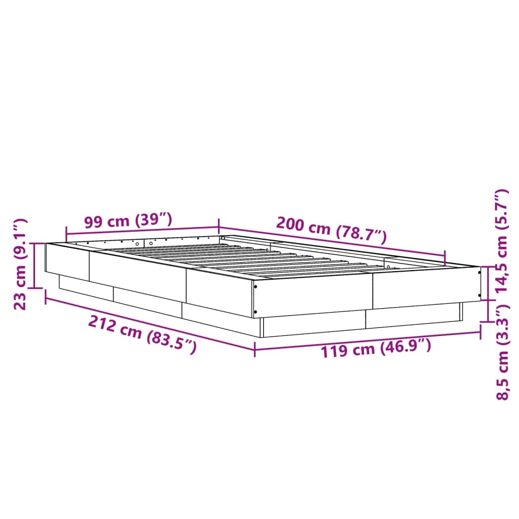 vidaXL Bettgestell Betongrau 100x200 cm Holzwerkstoff