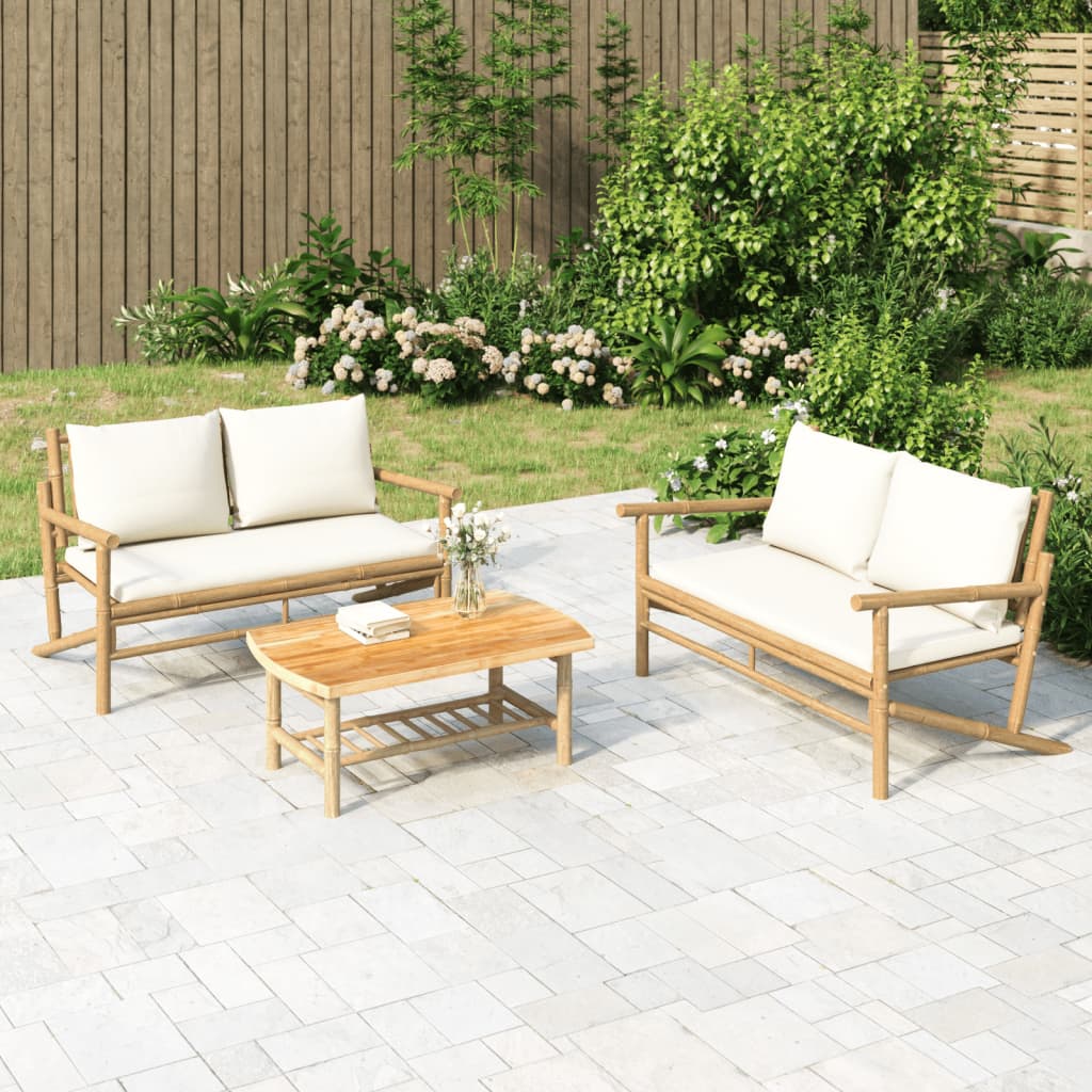 vidaXL 2-tlg. Garten-Lounge-Set mit Cremeweißen Kissen Bambus