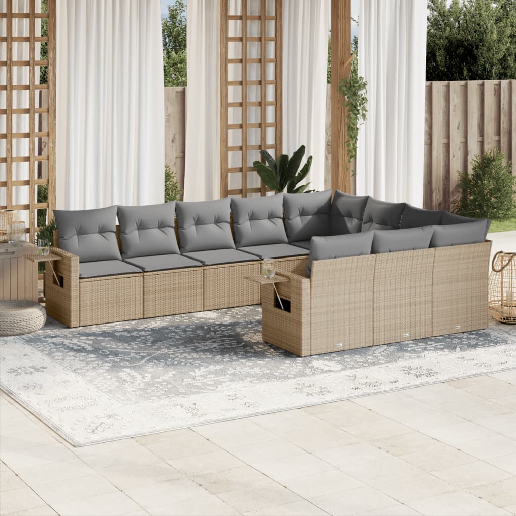 vidaXL 10-tlg. Garten-Sofagarnitur mit Kissen Beige Poly Rattan