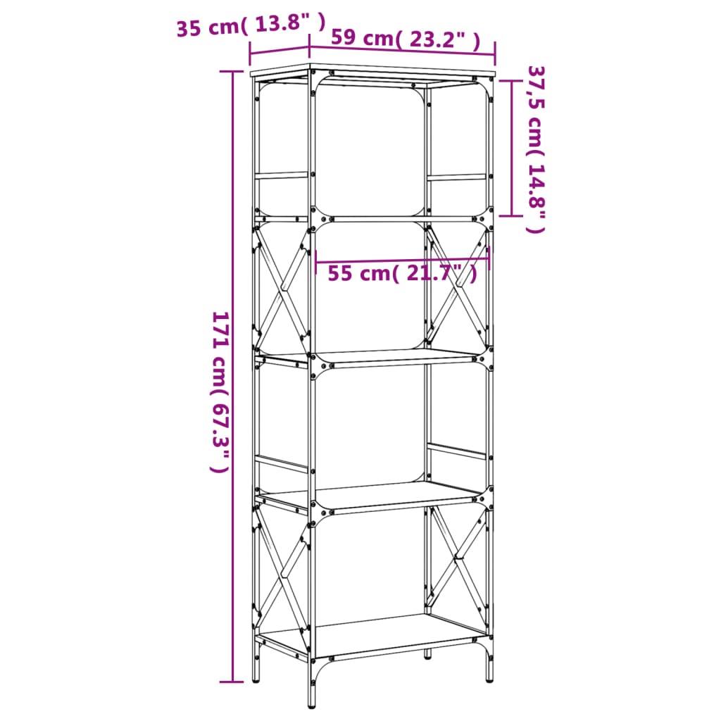 vidaXL Bücherregal 5 Böden Grau Sonoma 59x35x171 cm Holzwerkstoff