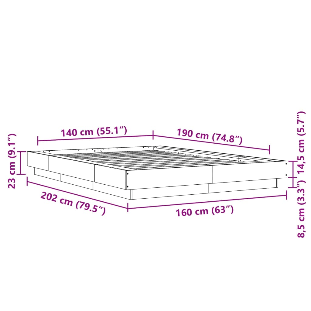 vidaXL Bettgestell mit LED Betongrau 140x190 cm Holzwerkstoff