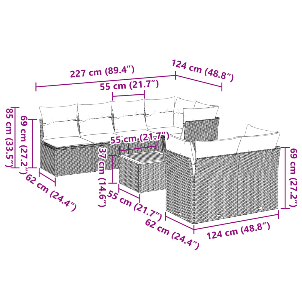 vidaXL 8-tlg. Garten-Sofagarnitur mit Kissen Grau Poly Rattan