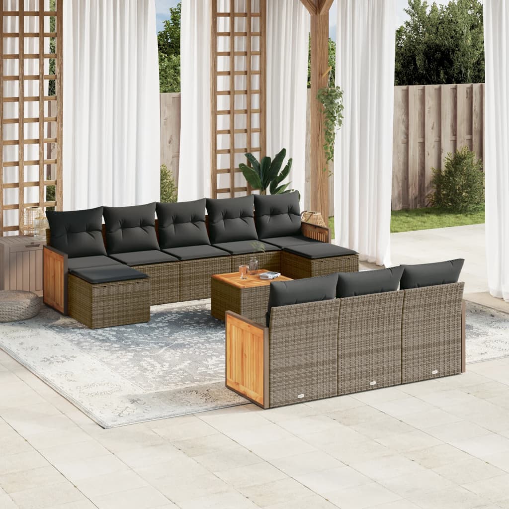 vidaXL 11-tlg. Garten-Sofagarnitur mit Kissen Grau Poly Rattan