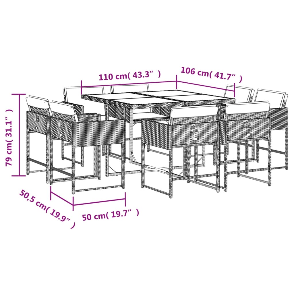 vidaXL 9-tlg. Garten-Essgruppe mit Kissen Beigemischung Poly Rattan