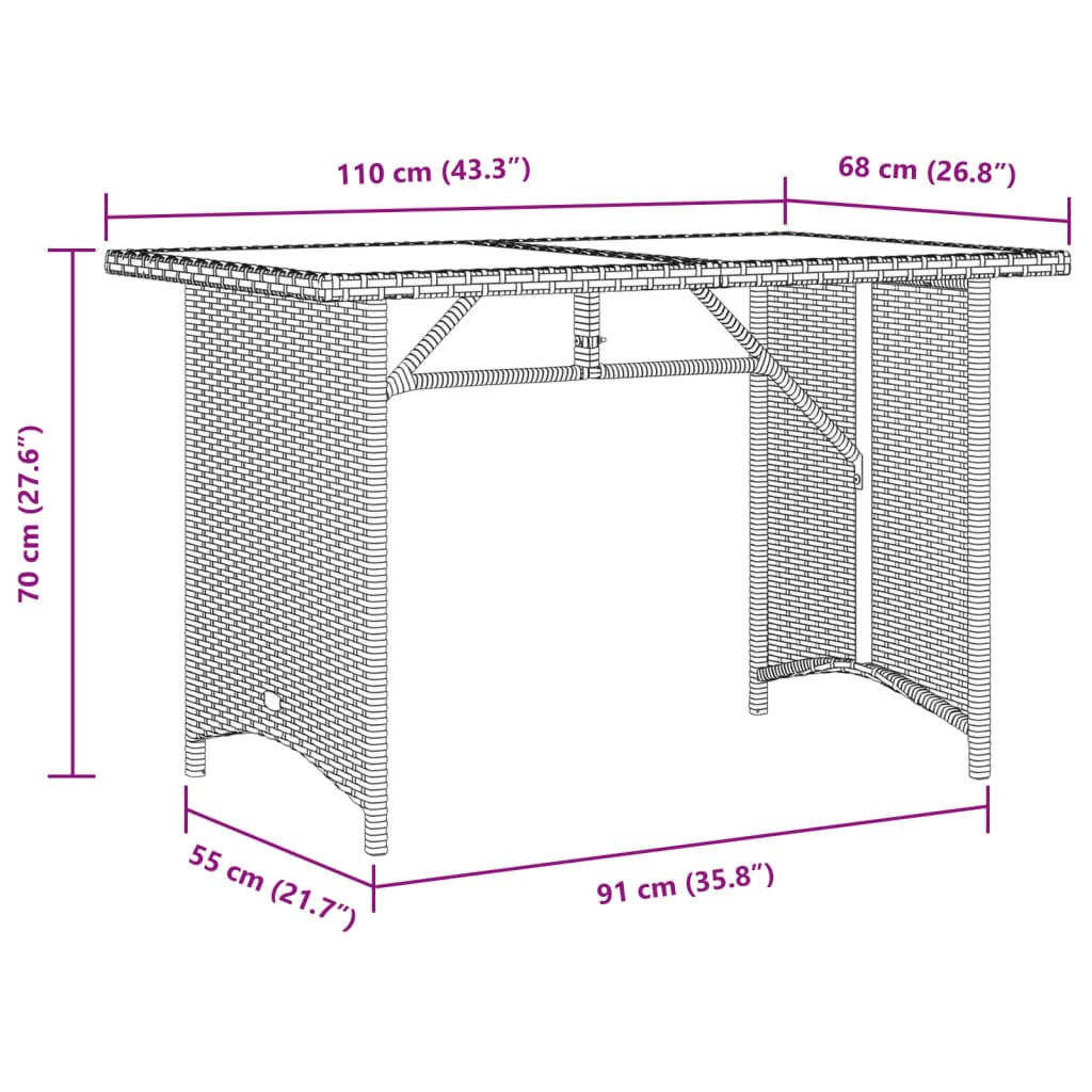 vidaXL Gartentisch mit Glasplatte Braun 110x68x70 cm Poly Rattan