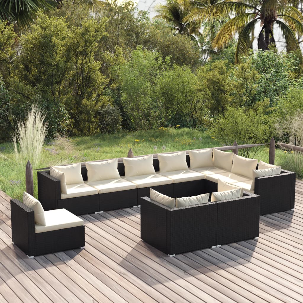 vidaXL 10-tlg. Garten-Lounge-Set mit Kissen Poly Rattan Schwarz