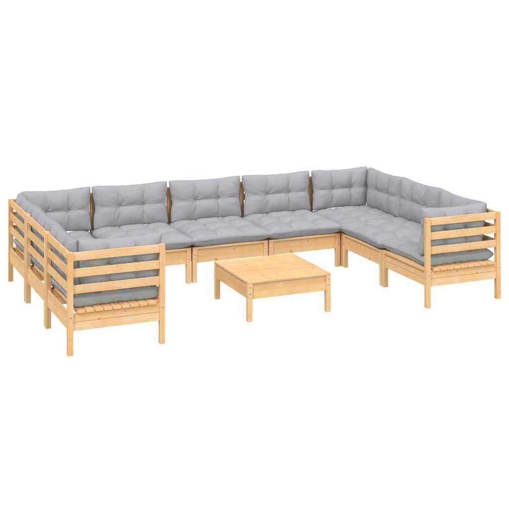 vidaXL 10-tlg. Garten-Lounge-Set mit Grauen Kissen Kiefernholz