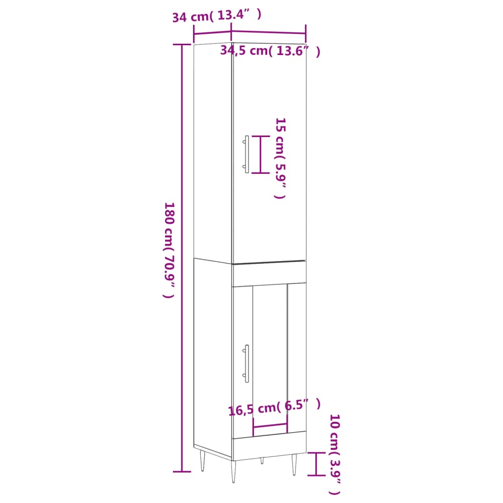 vidaXL Highboard Hochglanz-Weiß 34,5x34x180 cm Holzwerkstoff