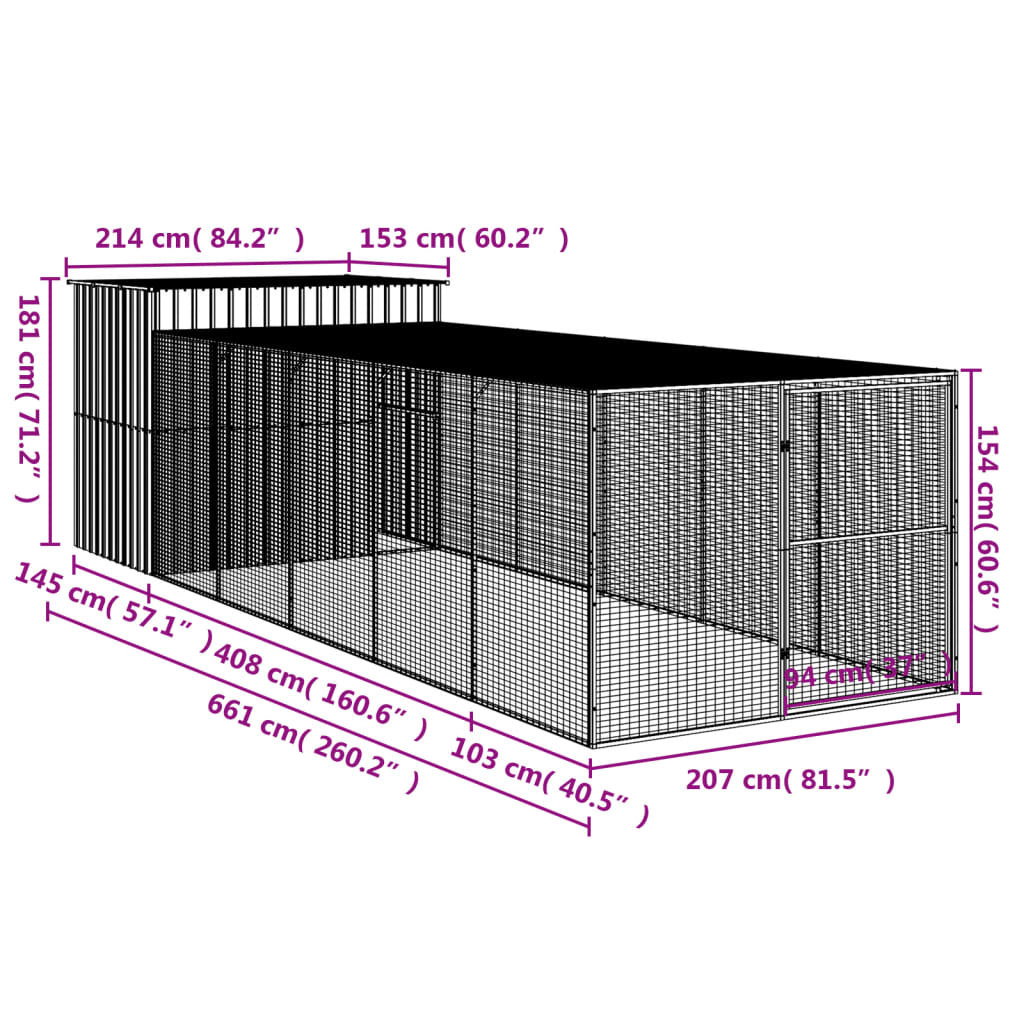 vidaXL Hundehütte mit Auslauf Hellgrau 214x661x181 cm Verzinkter Stahl