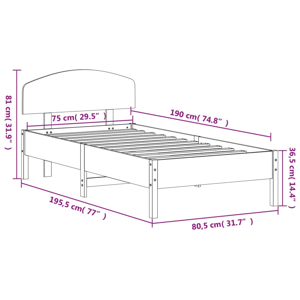 vidaXL Massivholzbett ohne Matratze 75x190 cm Kiefernholz