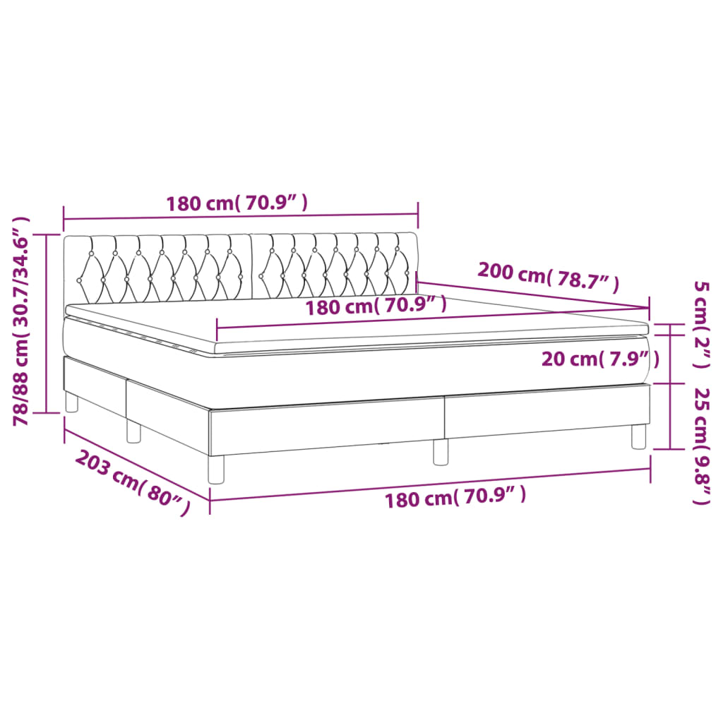 vidaXL Boxspringbett mit Matratze & LED Schwarz 180x200 cm Samt