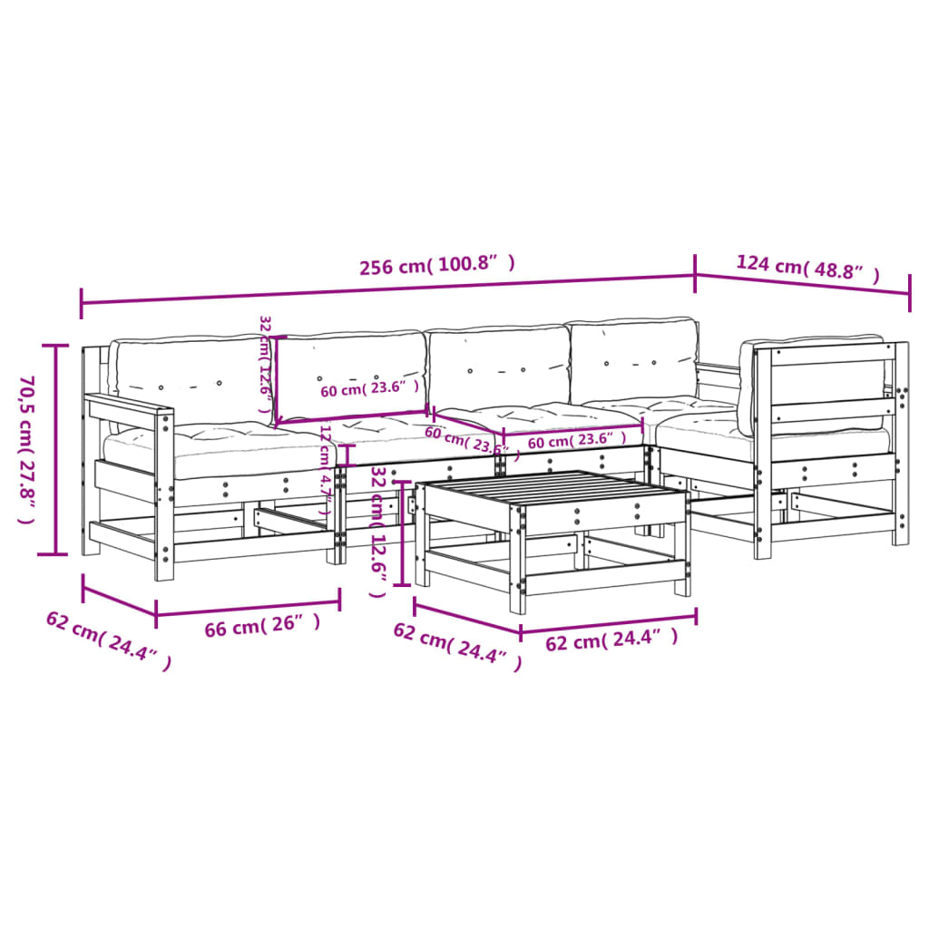 vidaXL 6-tlg. Garten-Lounge-Set mit Kissen Schwarz Massivholz