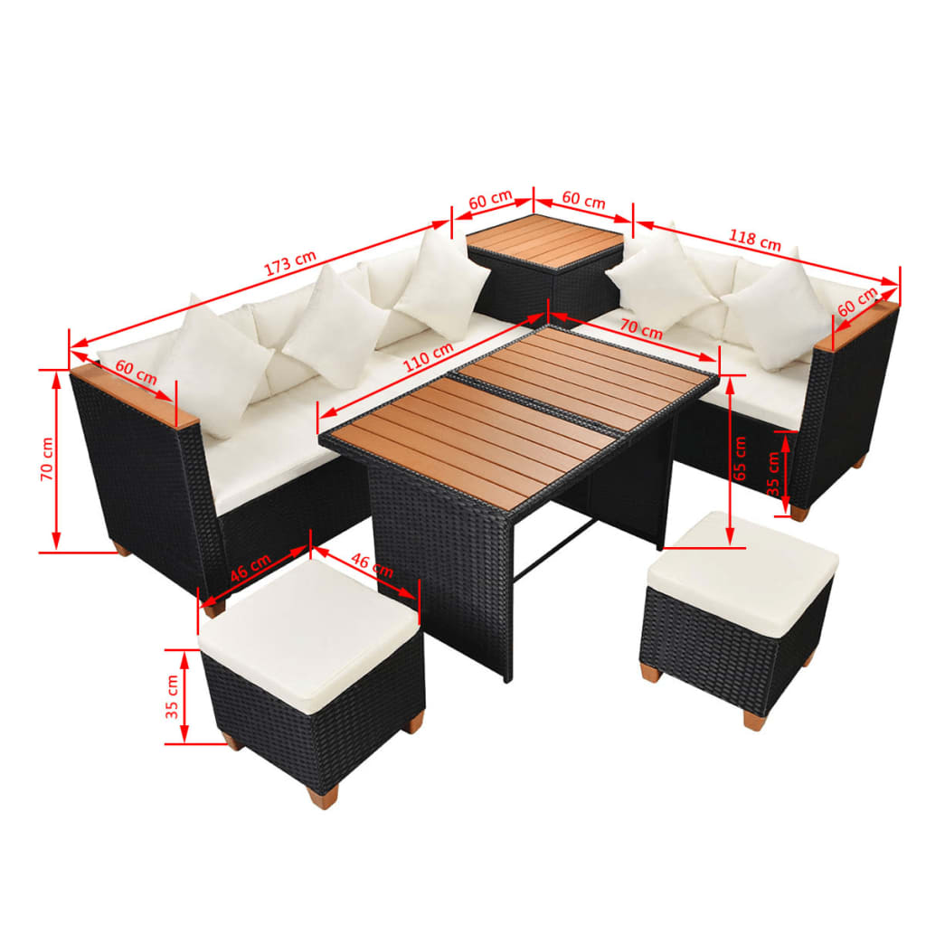 vidaXL 7-tlg. Garten-Lounge-Set mit Auflagen Poly Rattan Schwarz