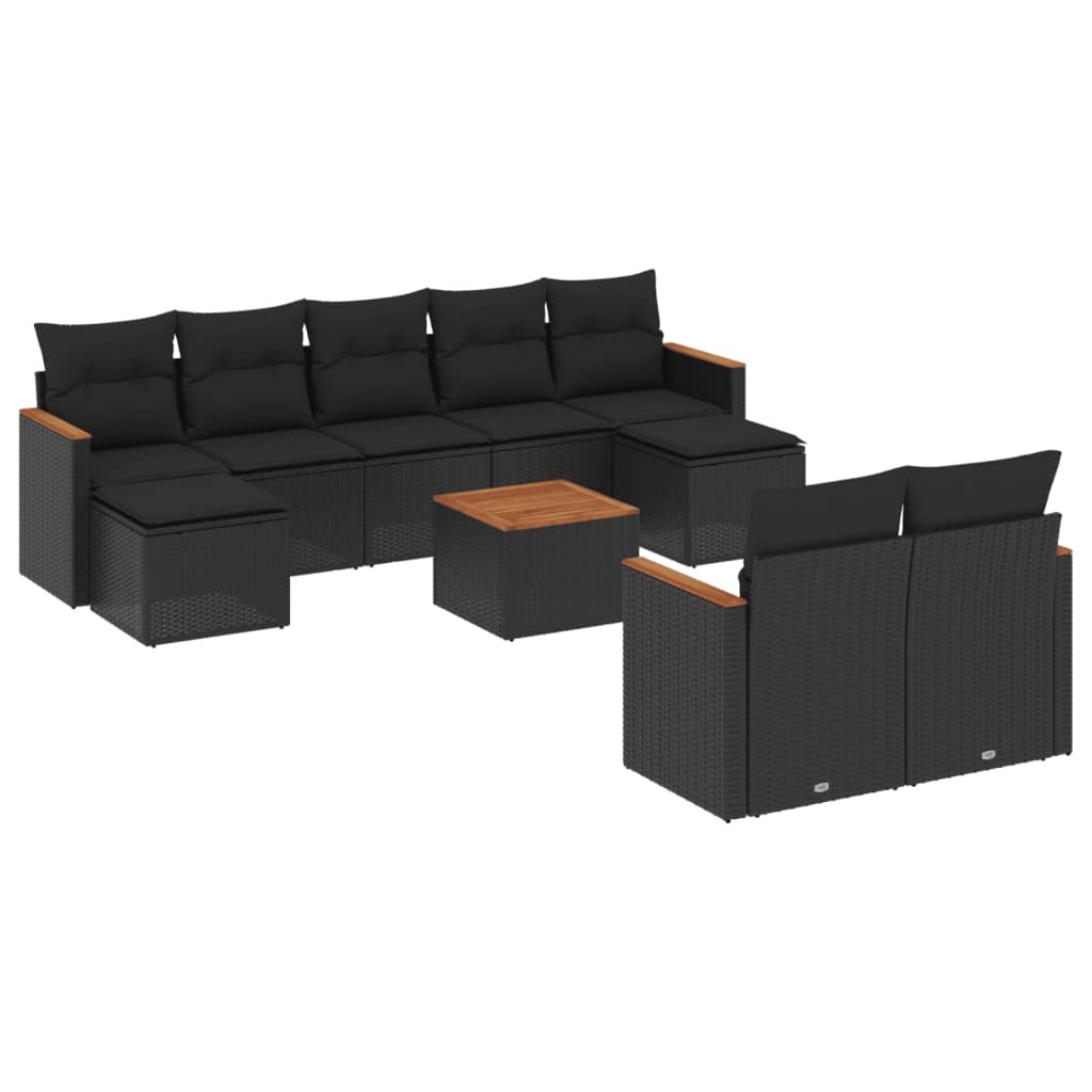 vidaXL 10-tlg. Garten-Sofagarnitur mit Kissen Schwarz Poly Rattan