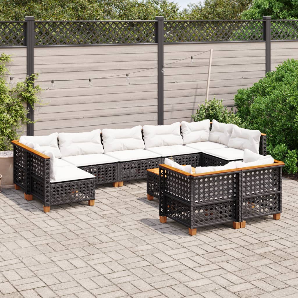 vidaXL 10-tlg. Garten-Sofagarnitur mit Kissen Schwarz Poly Rattan