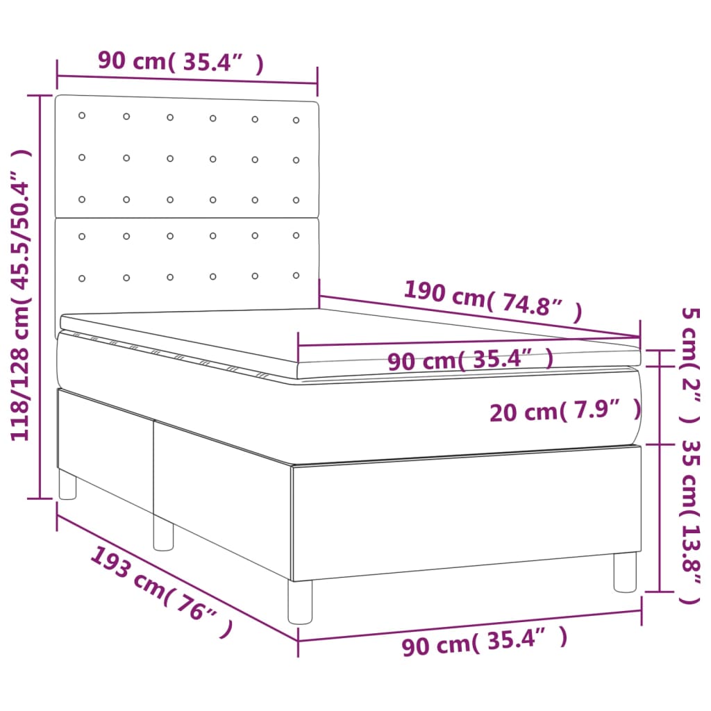 vidaXL Boxspringbett mit Matratze & LED Weiß 90x190 cm Kunstleder