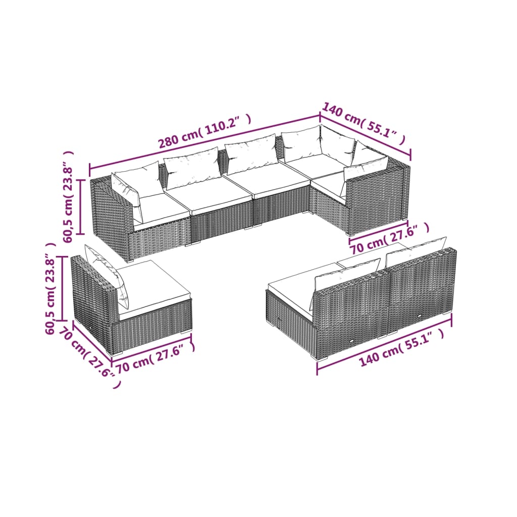 vidaXL 8-tlg. Garten-Lounge-Set mit Kissen Poly Rattan Grau