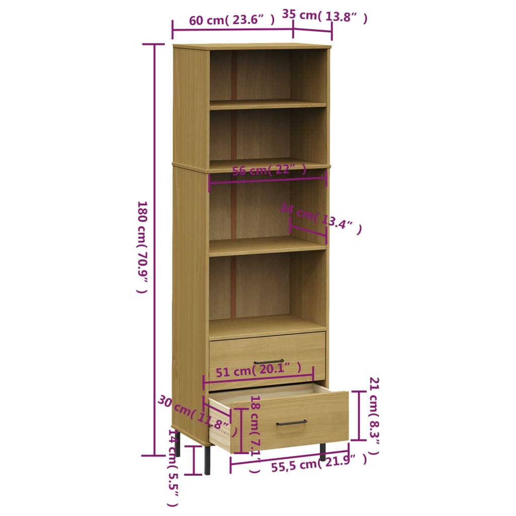 vidaXL Bücherregal OSLO mit 2 Schubladen Braun 60x35x180 cm Massivholz