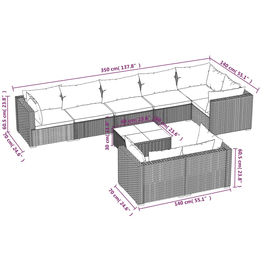 vidaXL 9-tlg. Garten-Lounge-Set mit Kissen Schwarz Poly Rattan