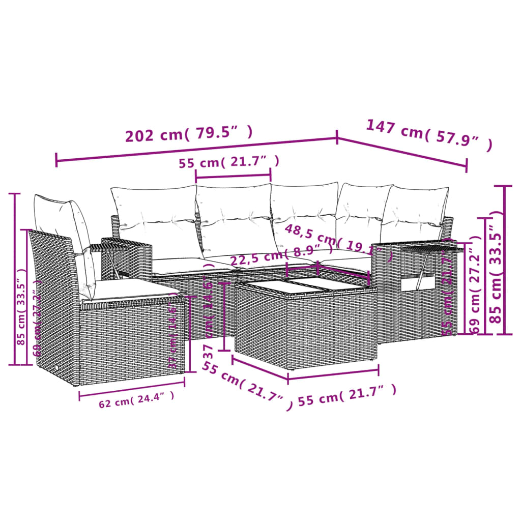 vidaXL 6-tlg. Garten-Sofagarnitur mit Kissen Hellgrau Poly Rattan