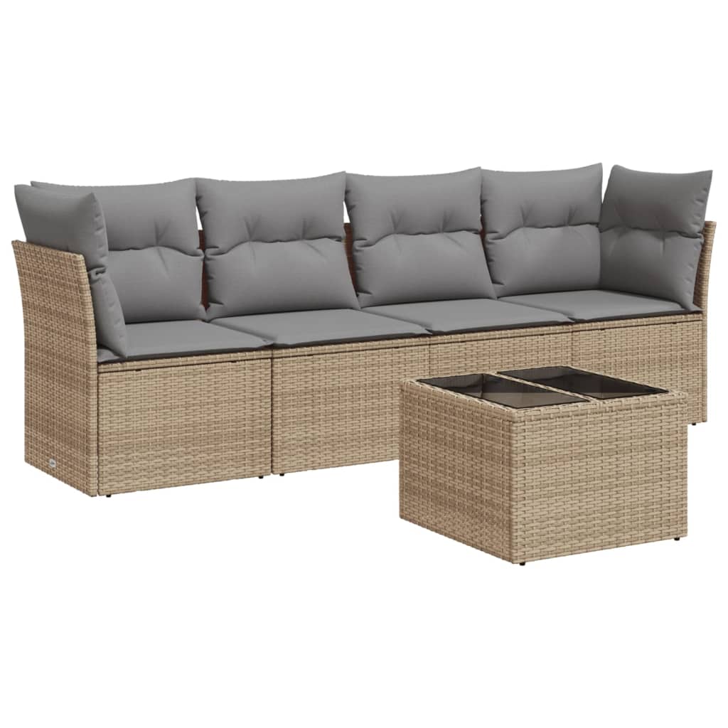 vidaXL 5-tlg. Garten-Sofagarnitur mit Kissen Beige Poly Rattan