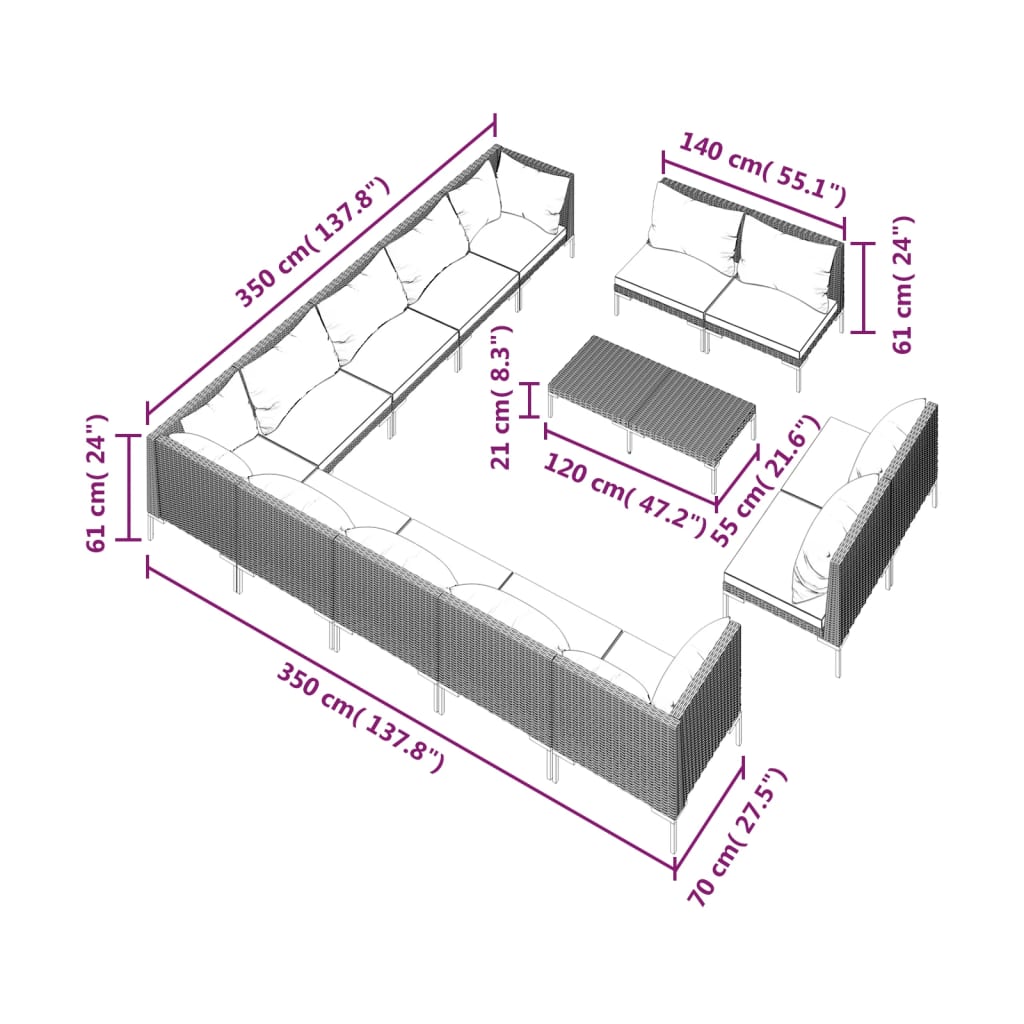 vidaXL 14-tlg. Garten-Lounge-Set mit Kissen Poly Rattan Dunkelgrau