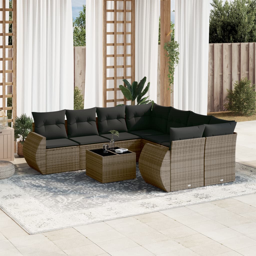 vidaXL 9-tlg. Garten-Sofagarnitur mit Kissen Grau Poly Rattan