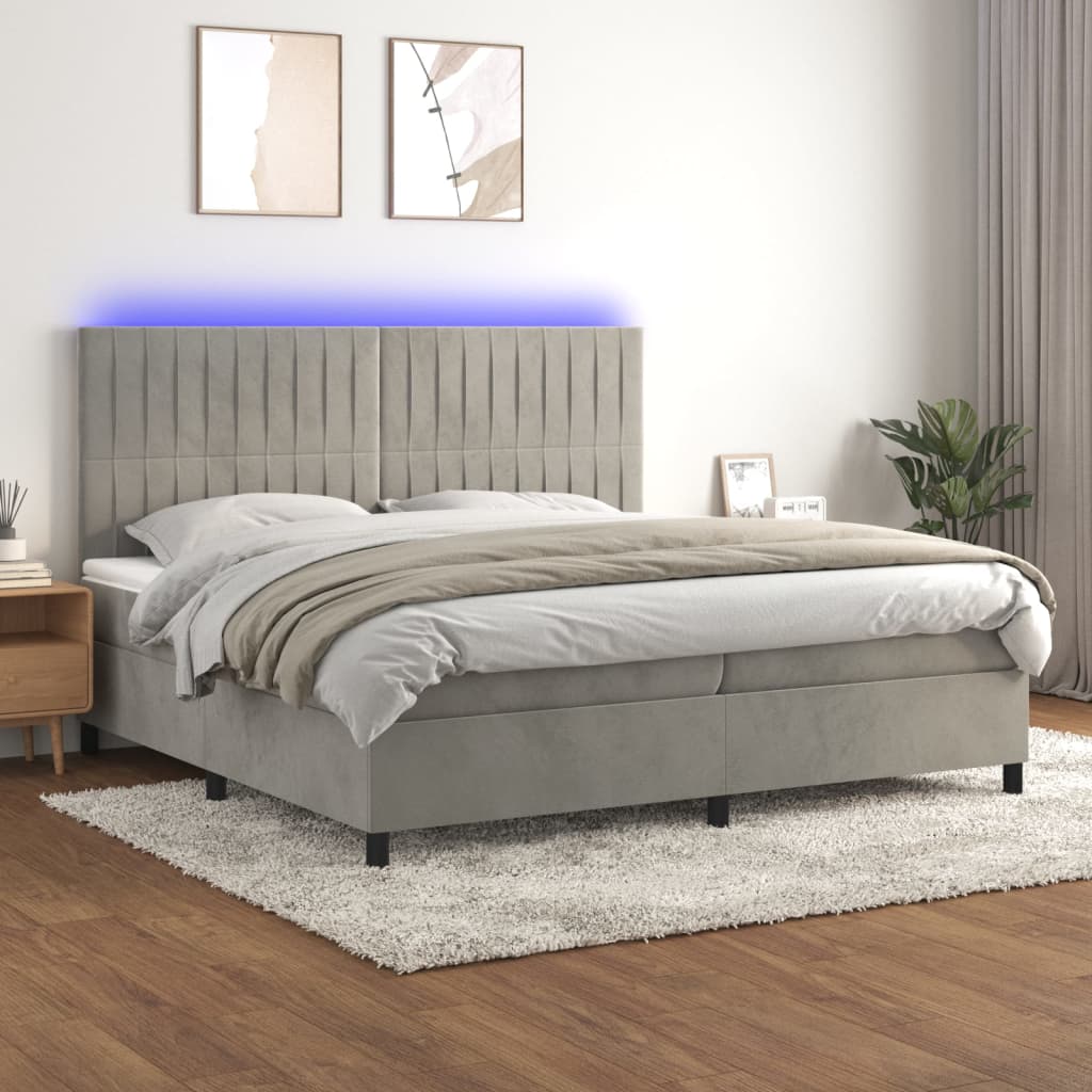 vidaXL Boxspringbett mit Matratze & LED Hellgrau 200x200 cm Samt