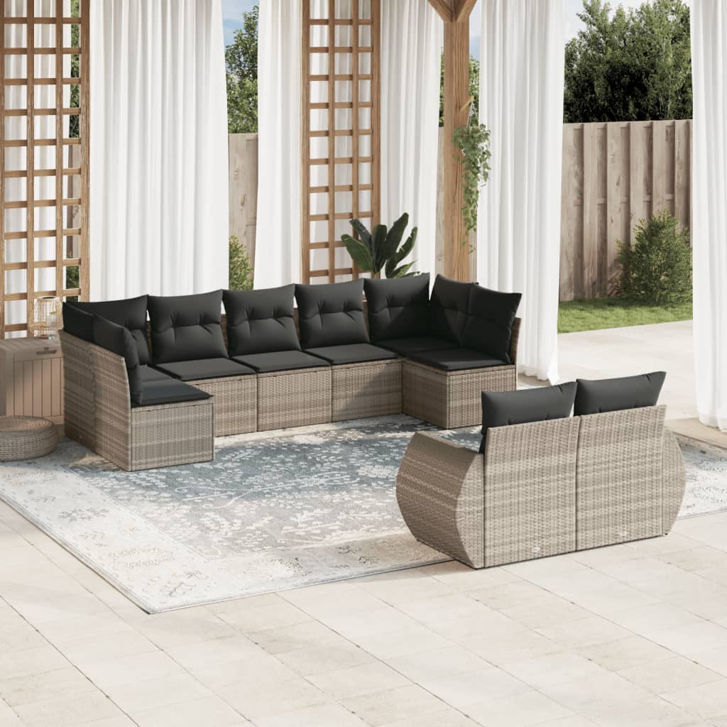 vidaXL 9-tlg. Garten-Sofagarnitur mit Kissen Hellgrau Poly Rattan