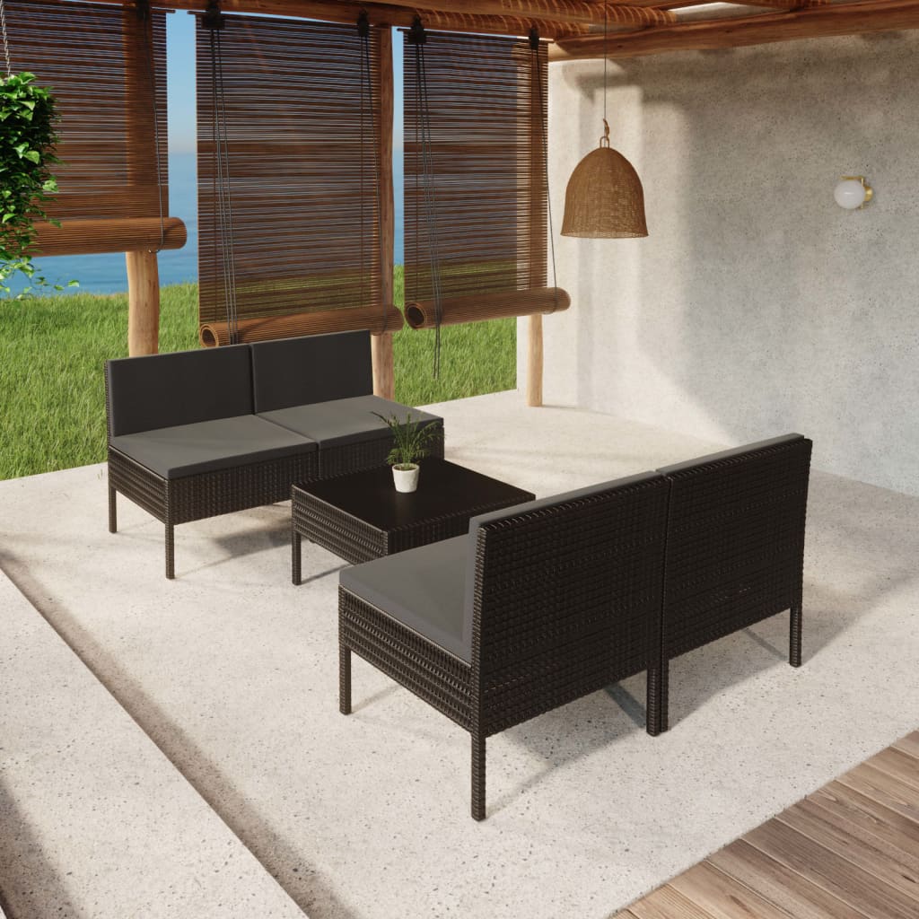 vidaXL 5-tlg. Garten-Lounge-Set mit Auflagen Poly Rattan Schwarz